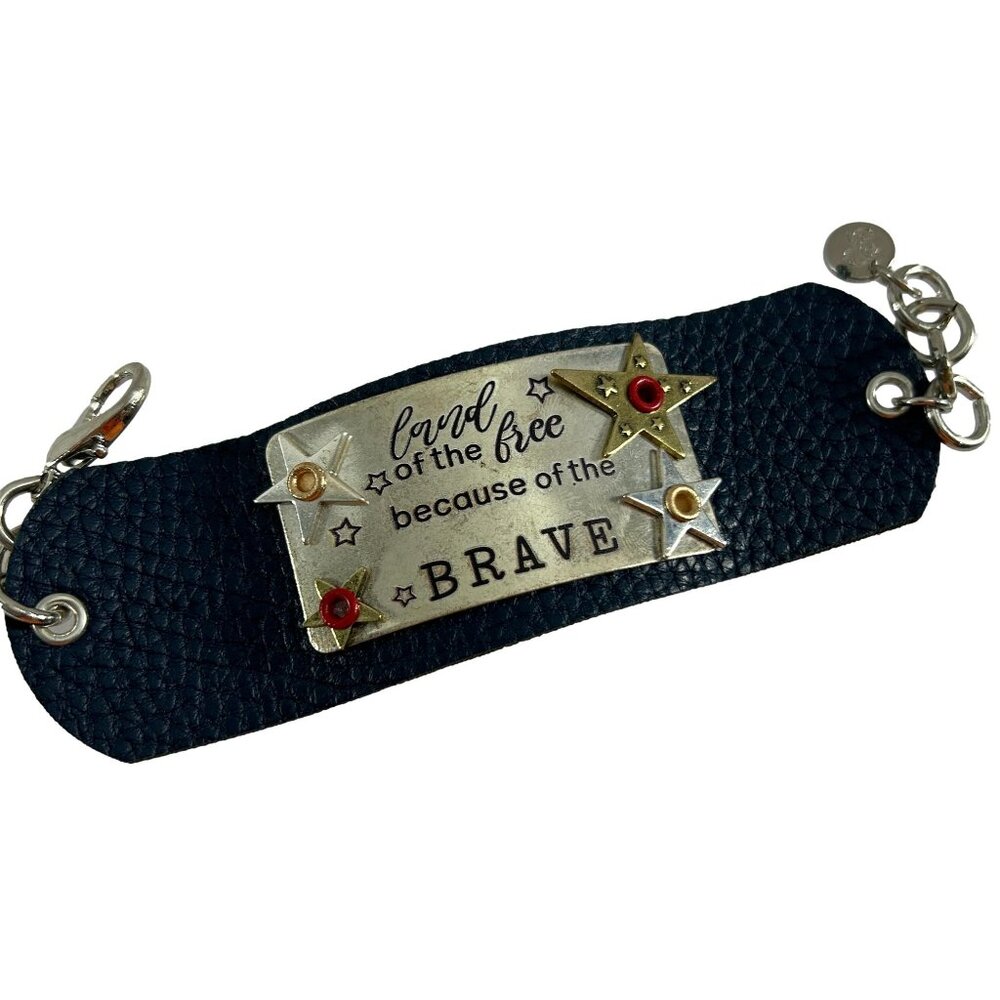 Patriotic Leather Cuff Bracelet Land of the Free Because of the Brave Stars